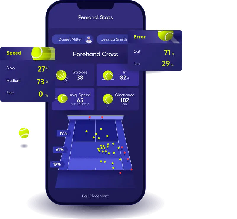 Jogador de tênis competitivo usando a Baseline Vision para acompanhar estatísticas e evolução